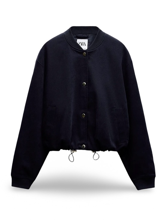 Zara Jackets & Blazers - ZARA Navy Textured Bomber Jacket with Drawstring Hem